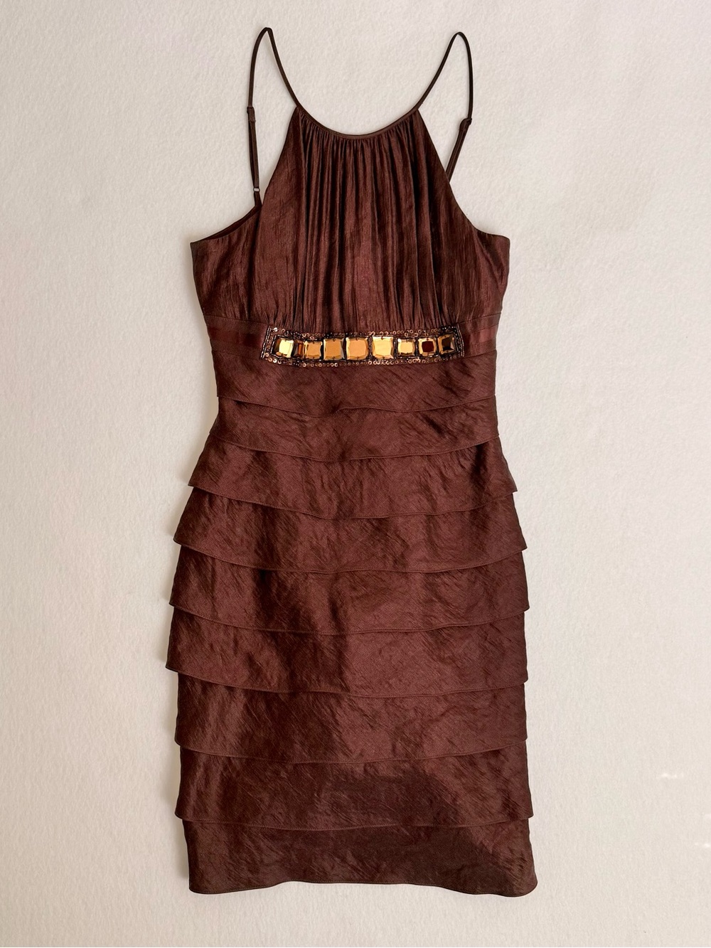 Caché Y2K Brown Iridescent Tiered Halter Dress Jewel Waist Embellishment Size 8